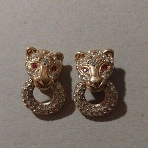 Vtg. Stamped Roman Elegant Gold and Red Jaguar Earrings